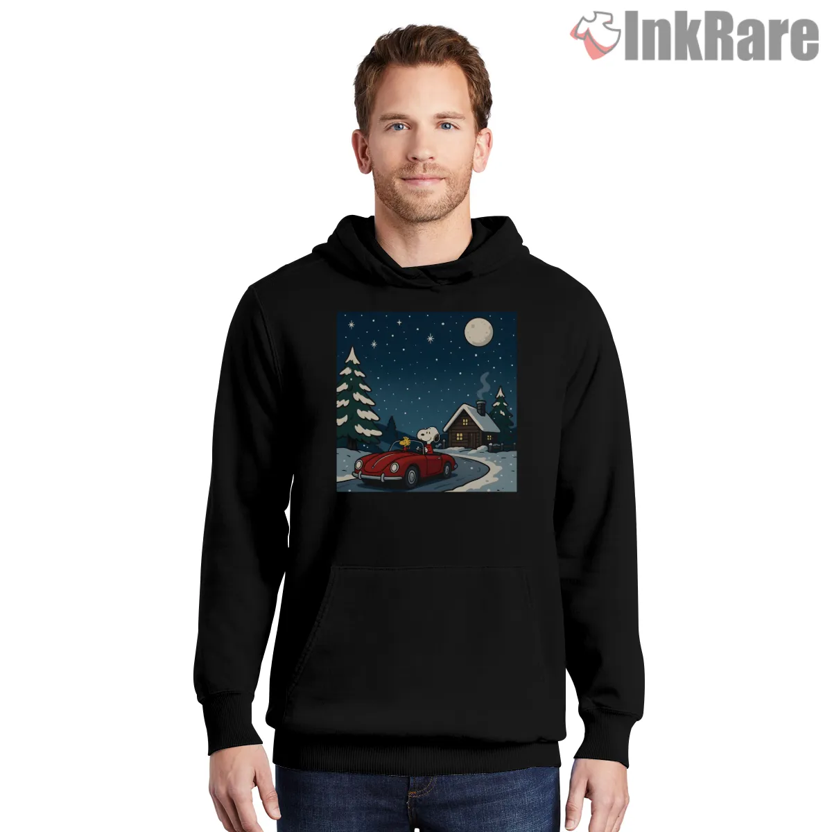 Snoopy Winter Night Cabin Scene Hoodie Black Snoopy Winter Night Cabin Scene Shirt on black hoodie for men graphic tee