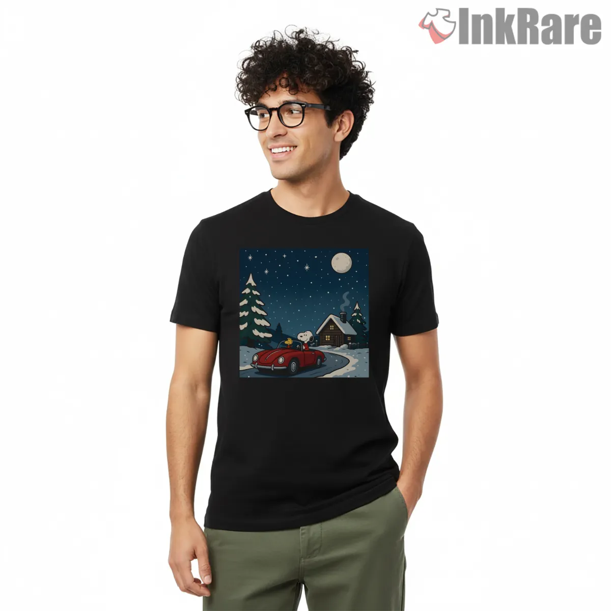 Snoopy Winter Night Cabin Scene Short Sleeve Black Snoopy Winter Night Cabin Scene Shirt on black short sleeve shirt for men graphic tee
