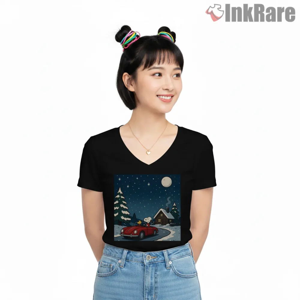 Snoopy Winter Night Cabin Scene Shirt on black v-neck shirt for women graphic tee