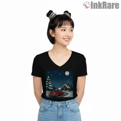 Snoopy Winter Night Cabin Scene Shirt on black v-neck shirt for women graphic tee