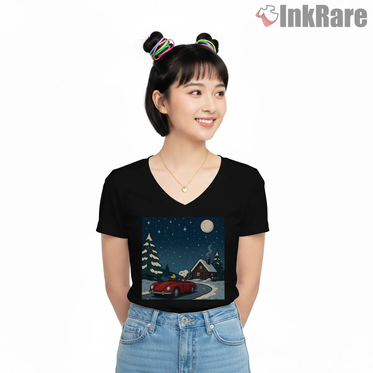 Snoopy Winter Night Cabin Scene V Neck Black Snoopy Winter Night Cabin Scene Shirt on black v-neck shirt for women graphic tee