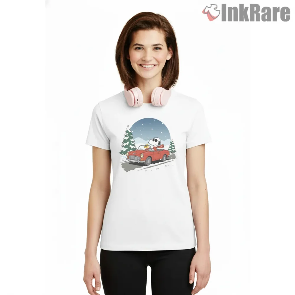 Snoopy Winter Road Trip Red Convertible Shirt on white short sleeve shirt for women graphic tee