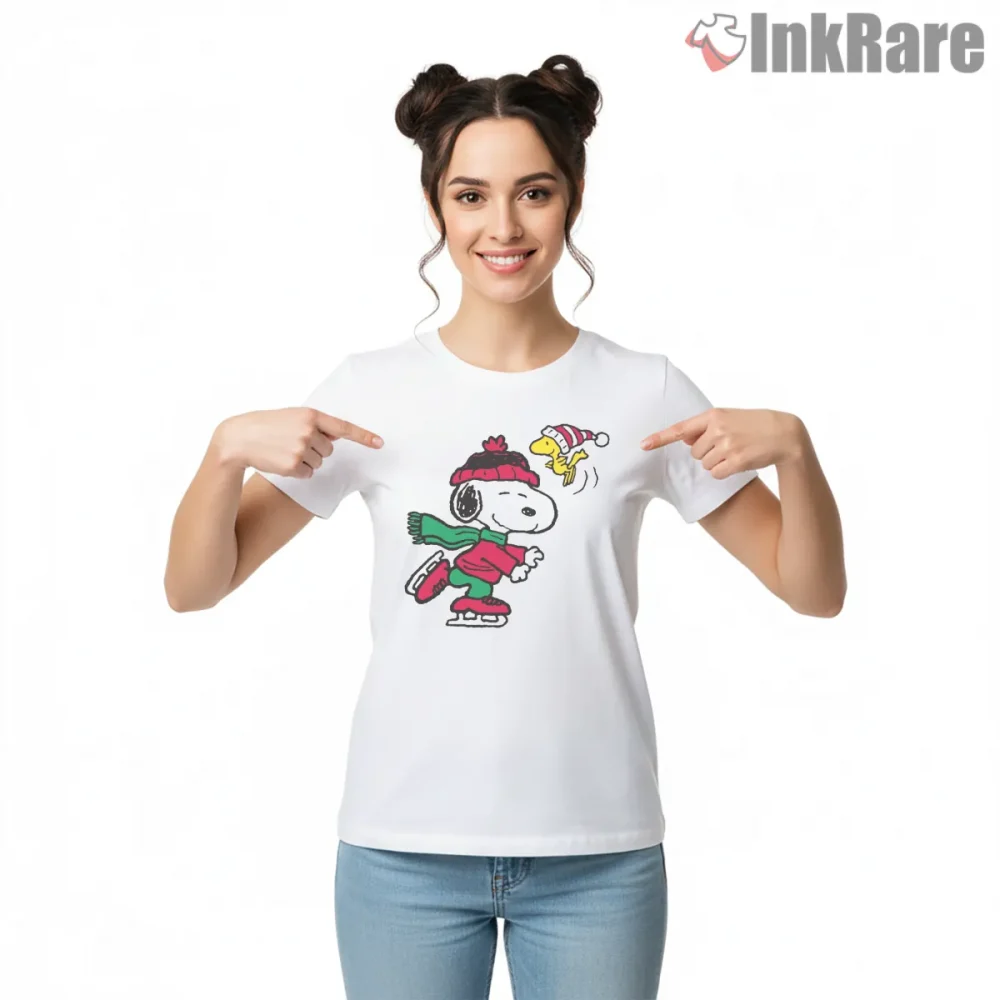 Snoopy Winter Skating Fun Shirt on white short sleeve shirt for women graphic tee