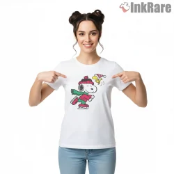 Snoopy Winter Skating Fun Shirt on white short sleeve shirt for women graphic tee