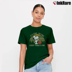 Women’s Snoopy With Dice It's Fine I'm Fine Everything's Fine Signature T-Shirt in forest green | Soft, Flattering Fit