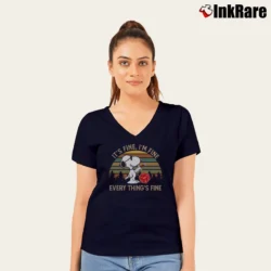 Women’s Snoopy With Dice It's Fine I'm Fine Everything's Fine V-Neck Tee in navy | Chic Neckline, Soft Texture