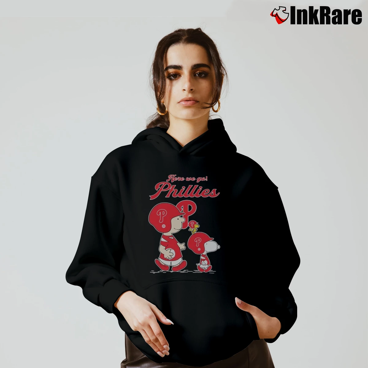Women’s Snoopy Woodstock And Charlie Brown Here We Go Philadelphia Phillies Cozy Hoodie in black | Warm, Structured, Stylish