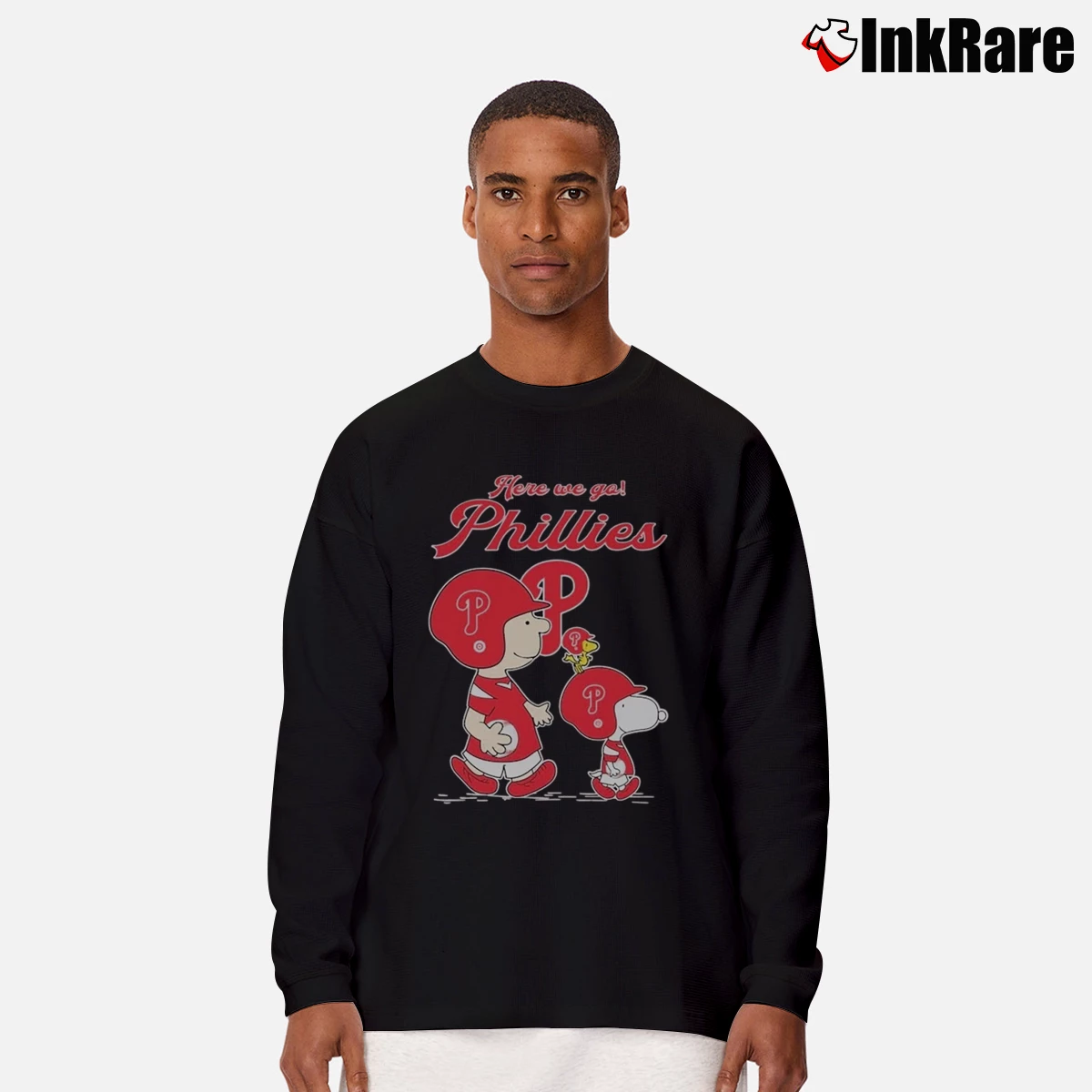 Men’s Snoopy Woodstock And Charlie Brown Here We Go Philadelphia Phillies Long-Sleeve Shirt in black | Sleek, Lightweight, Year-Round Wear