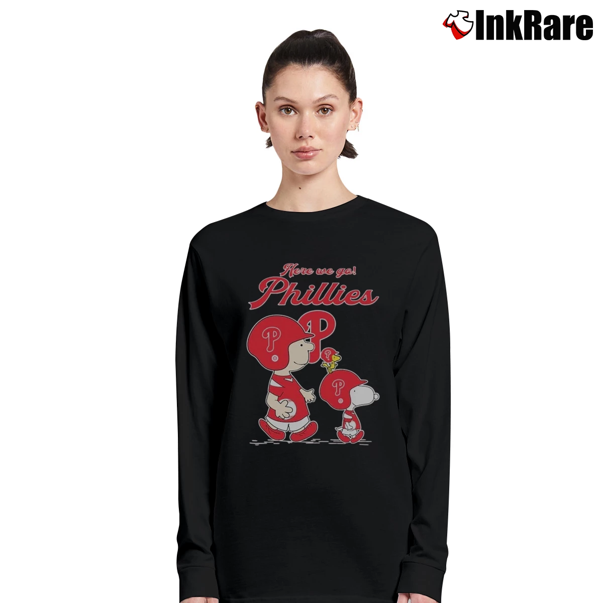 Women’s Snoopy Woodstock And Charlie Brown Here We Go Philadelphia Phillies Long-Sleeve Top in black | Sleek, Versatile, All-Season