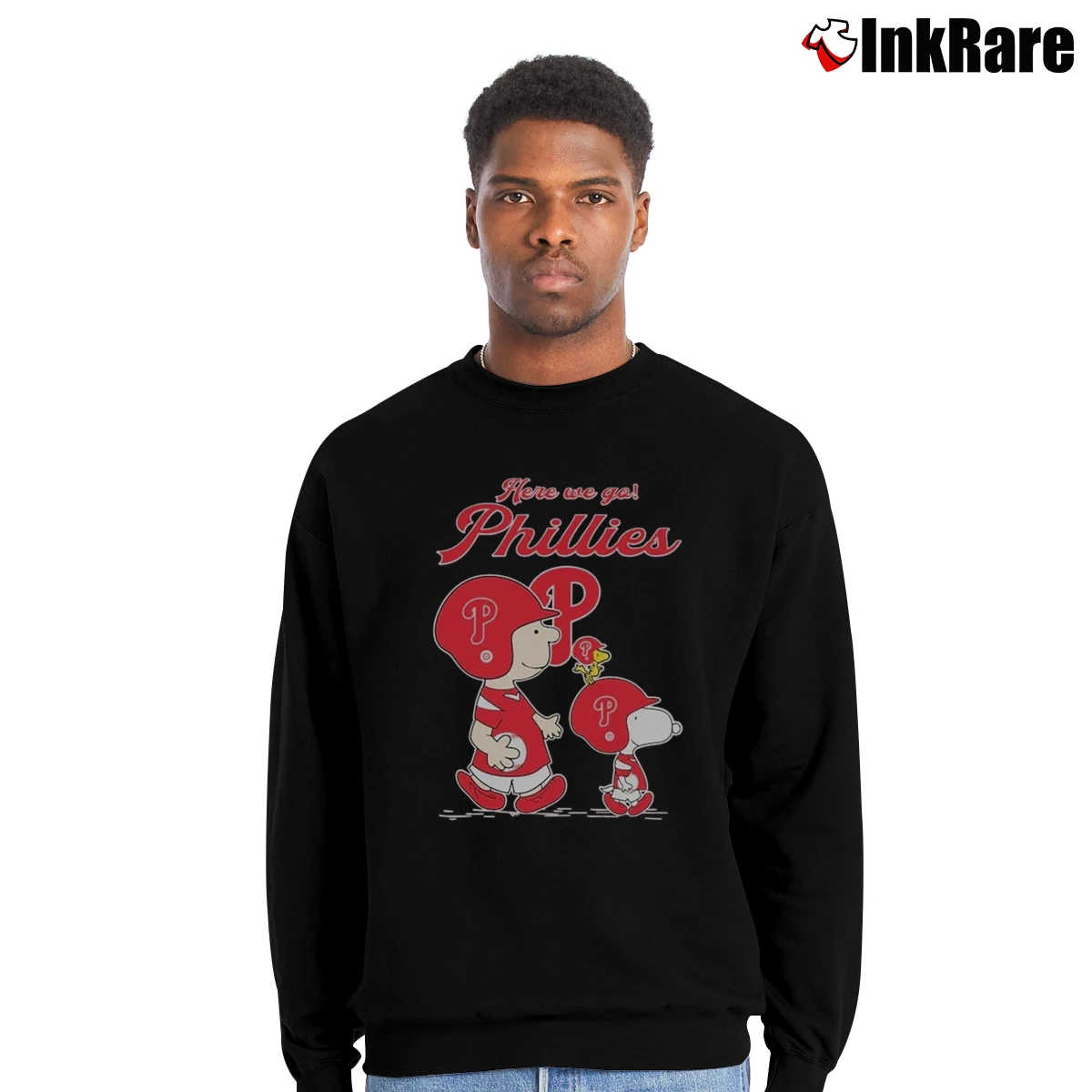 Men’s Snoopy Woodstock And Charlie Brown Here We Go Philadelphia Phillies Crewneck Sweatshirt in black | Cozy Fabric, Clean Style