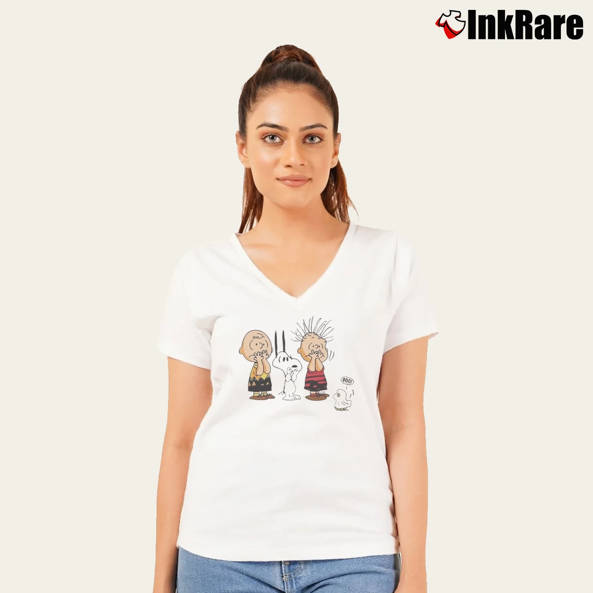 Snoopy Woodstock And Charlie Brown Its The Boo Time Halloween Women’s V-Neck Tee in white – Flattering Fit Women’s Snoopy Woodstock And Charlie Brown Its The Boo Time Halloween V-Neck Tee in white | Chic Neckline, Soft Texture