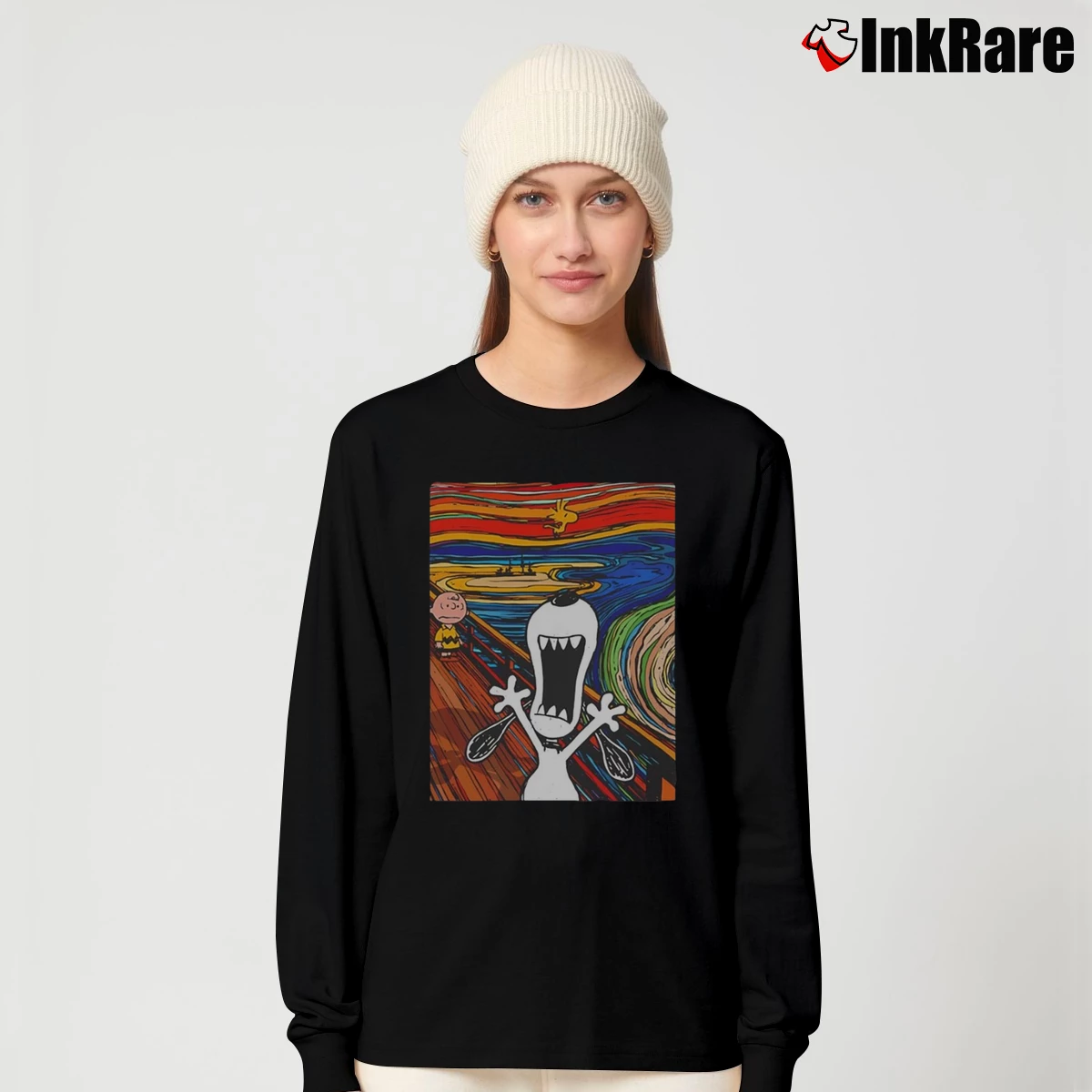 Snoopy Woodstock And Charlie Brown Scream Van Gogh Women’s Long-Sleeve Top in black – Effortless Layer Women’s Snoopy Woodstock And Charlie Brown Scream Van Gogh Long-Sleeve Top in black | Sleek, Versatile, All-Season