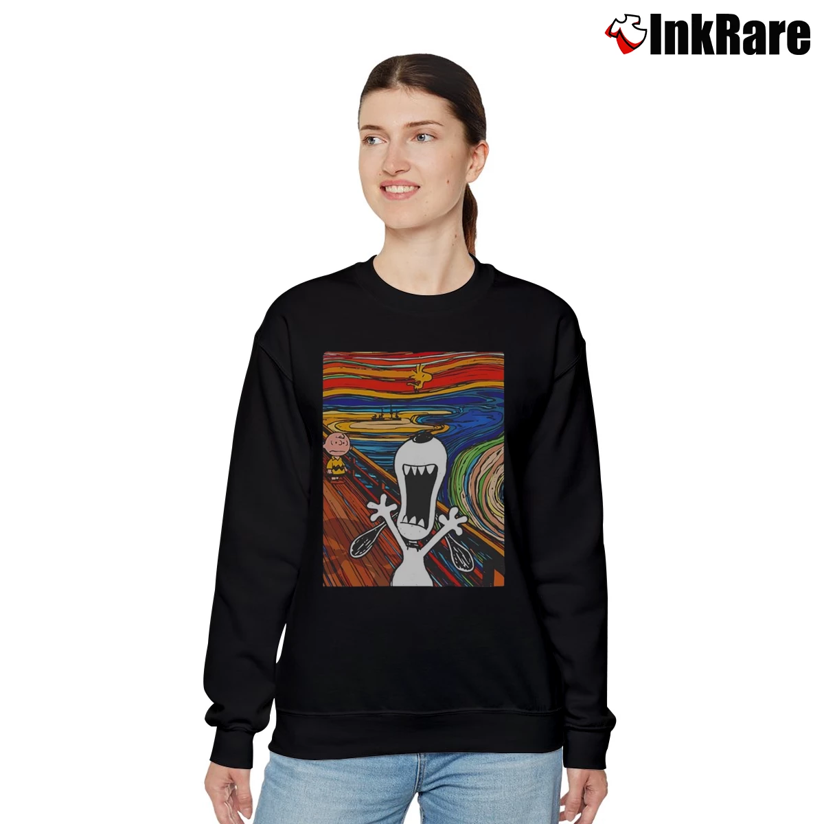 Snoopy Woodstock And Charlie Brown Scream Van Gogh Women’s Relaxed Sweatshirt in black – Cozy Casual Women’s Snoopy Woodstock And Charlie Brown Scream Van Gogh Relaxed Sweatshirt in black | Soft, Laid-Back Vibe