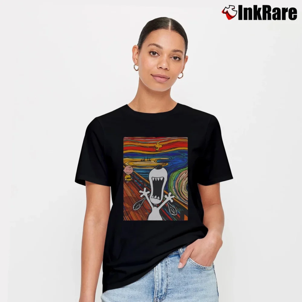 Women’s Snoopy Woodstock And Charlie Brown Scream Van Gogh T-Shirt in black | Soft, Flattering Fit