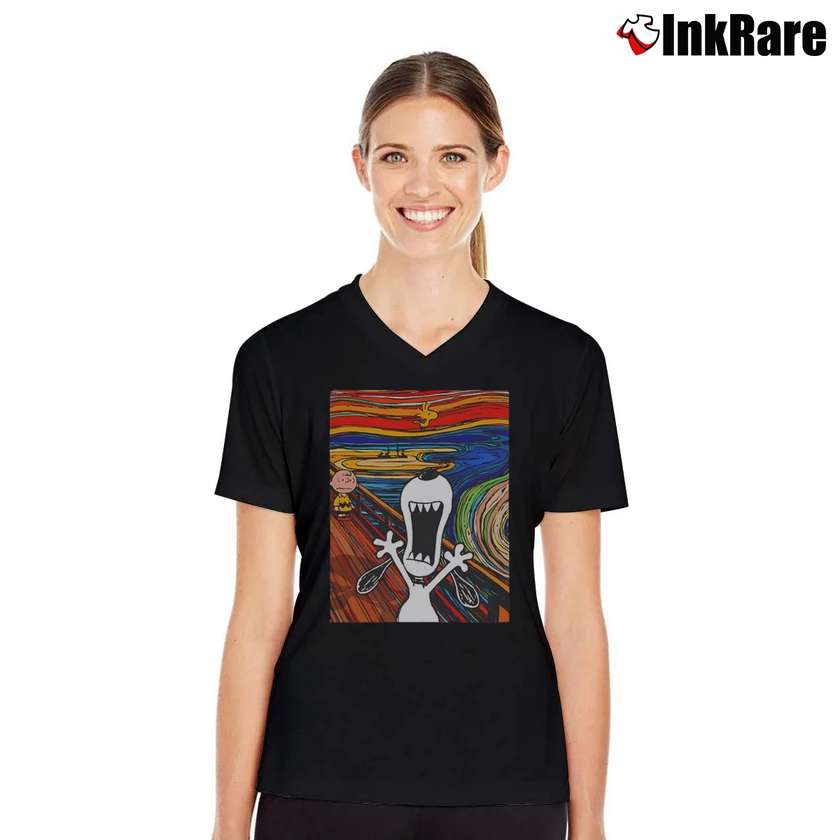 Snoopy Woodstock And Charlie Brown Scream Van Gogh Women’s V-Neck Tee in black – Flattering Fit Women’s Snoopy Woodstock And Charlie Brown Scream Van Gogh V-Neck Tee in black | Chic Neckline, Soft Texture