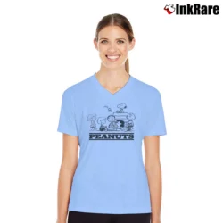 Women’s Snoopy Woodstock And Friends Character V-Neck Tee in light blue | Chic Neckline, Soft Texture