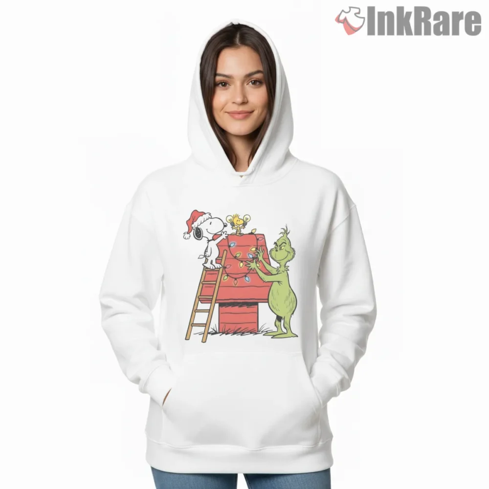Snoopy Woodstock And Grinch Christmas Lights Shirt on white hoodie for women graphic tee