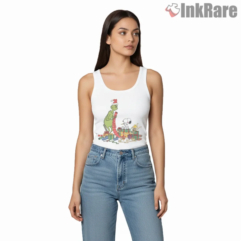 Snoopy Woodstock And Grinch Gift Wrapping Shirt on white tank top for women graphic tee