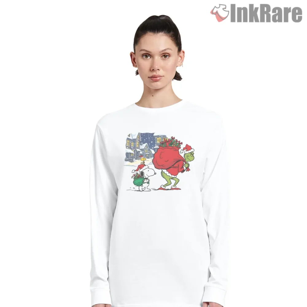 Snoopy Woodstock And Grinch In Whoville Shirt on white long sleeve shirt for women graphic tee