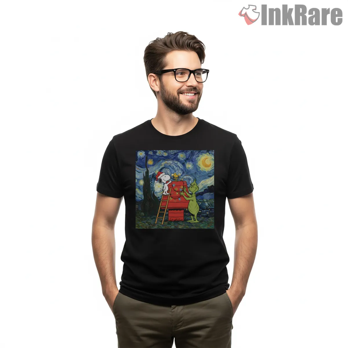 Snoopy Woodstock And Grinch Starry Night Mashup Shirt on black short sleeve shirt for men graphic tee