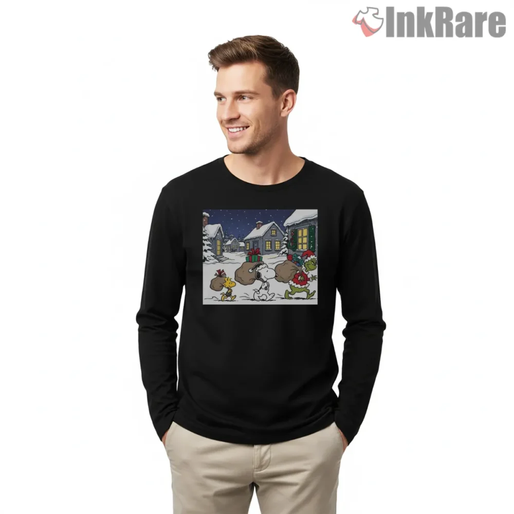 Snoopy Woodstock And Grinch Whoville Christmas Shirt on black long sleeve shirt for men graphic tee