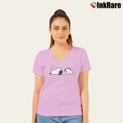 Women’s Snoopy Woodstock Cartoon Comics V-Neck Tee in light pink | Chic Neckline, Soft Texture