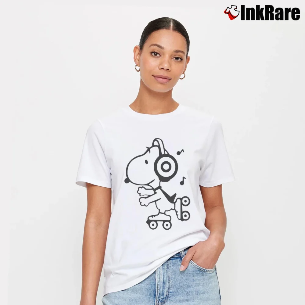 Women’s Snoopy Woodstock Cartoon Music Comics Signature T-Shirt in white | Soft, Flattering Fit