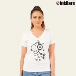 Women’s Snoopy Woodstock Cartoon Music Comics V-Neck Tee in white | Chic Neckline, Soft Texture