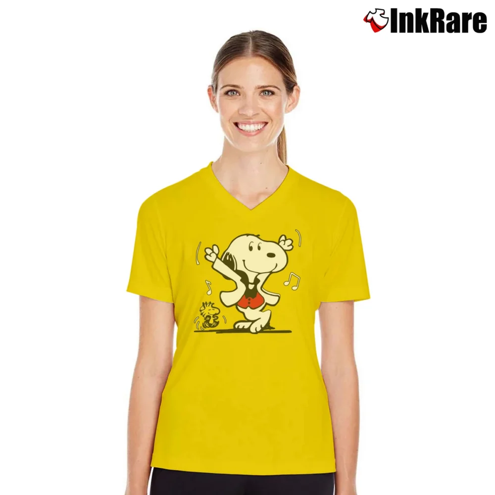 Women’s Snoopy Woodstock Dancing Funny V-Neck Tee in yellow | Chic Neckline, Soft Texture