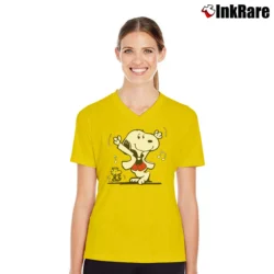 Women’s Snoopy Woodstock Dancing Funny V-Neck Tee in yellow | Chic Neckline, Soft Texture