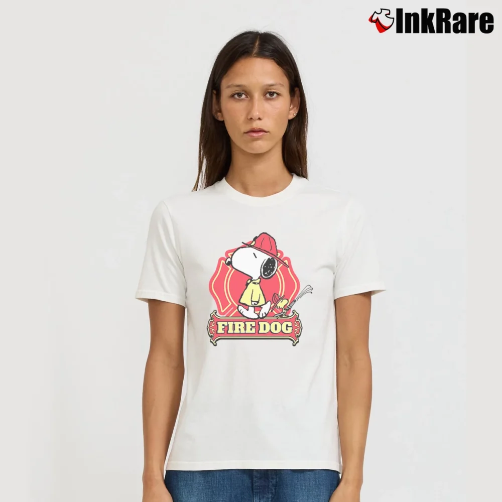 Women’s Snoopy Woodstock Fire Dog Badge Signature T-Shirt in white | Soft, Flattering Fit