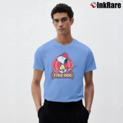 Men’s Snoopy Woodstock Fire Dog Badge V-Neck Tee in light blue | Sharp, Breathable, Everyday Staple
