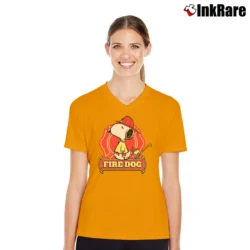 Women’s Snoopy Woodstock Fire Dog Badge V-Neck Tee in orange | Chic Neckline, Soft Texture