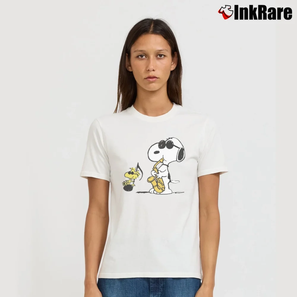Women’s Snoopy Woodstock Jazz Peanuts Signature T-Shirt in white | Soft, Flattering Fit