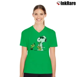 Women’s Snoopy Woodstock Jazz Peanuts V-Neck Tee in irish green | Chic Neckline, Soft Texture