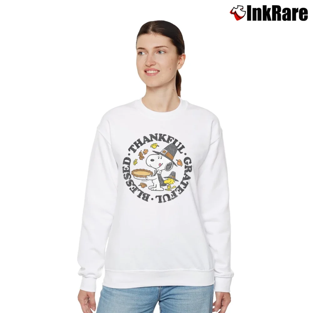 Women’s Snoopy Woodstock Thanksgiving Thankful Grateful Blessed Relaxed Sweatshirt in white | Soft, Laid-Back Vibe