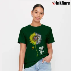 Women’s Snoopy Woodstock You Are My Sunshine Chicago Cubs Sunflower Joy Signature T-Shirt in forest green | Soft, Flattering Fit