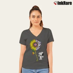 Women’s Snoopy Woodstock You Are My Sunshine Chicago Cubs Sunflower Joy V-Neck Tee in charcoal | Chic Neckline, Soft Texture