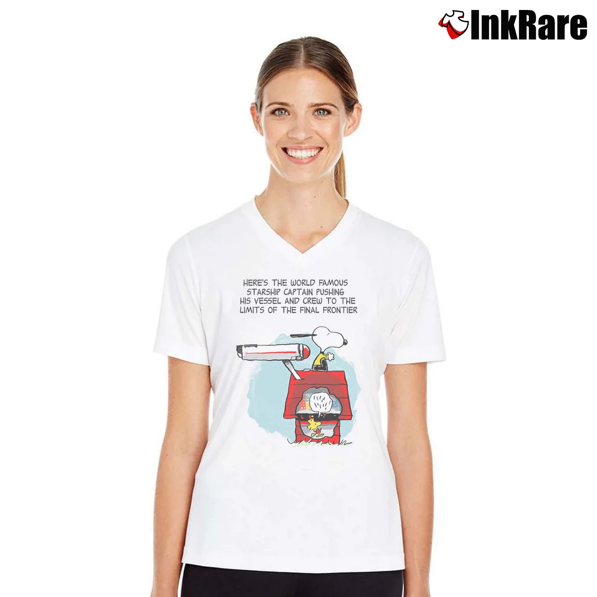 Women’s Snoopy World Famous Starship Captain Pushing To The Limits V-Neck Tee in white | Chic Neckline, Soft Texture
