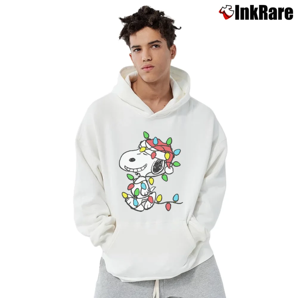 Men’s Snoopy Wrapped In Christmas Lights Classic Pullover Hoodie in white | Cozy, Durable, Modern Fit
