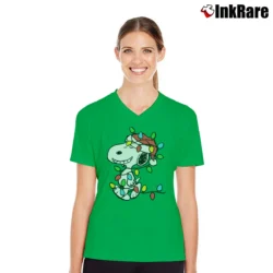 Women’s Snoopy Wrapped In Christmas Lights Classic V-Neck Tee in irish green | Chic Neckline, Soft Texture