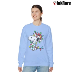 Women’s Snoopy Wrapped In Christmas Lights Peanuts Relaxed Sweatshirt in light blue | Soft, Laid-Back Vibe