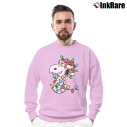 Men’s Snoopy Wrapped In Christmas Lights Peanuts Crewneck Sweatshirt in light pink | Cozy Fabric, Clean Style