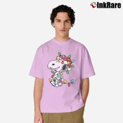 Men’s Snoopy Wrapped In Christmas Lights Peanuts Classic T-Shirt in light pink | Soft, Breathable Everyday Wear