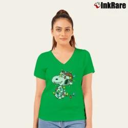 Women’s Snoopy Wrapped In Christmas Lights Peanuts V-Neck Tee in irish green | Chic Neckline, Soft Texture