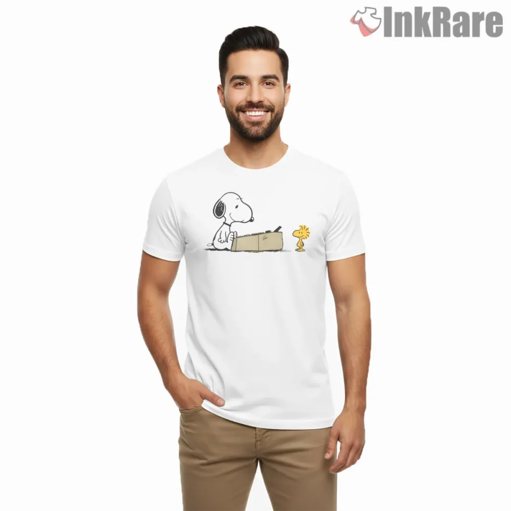 Snoopy Writing With Woodstock Minimal Scene Shirt on white short sleeve shirt for men graphic tee
