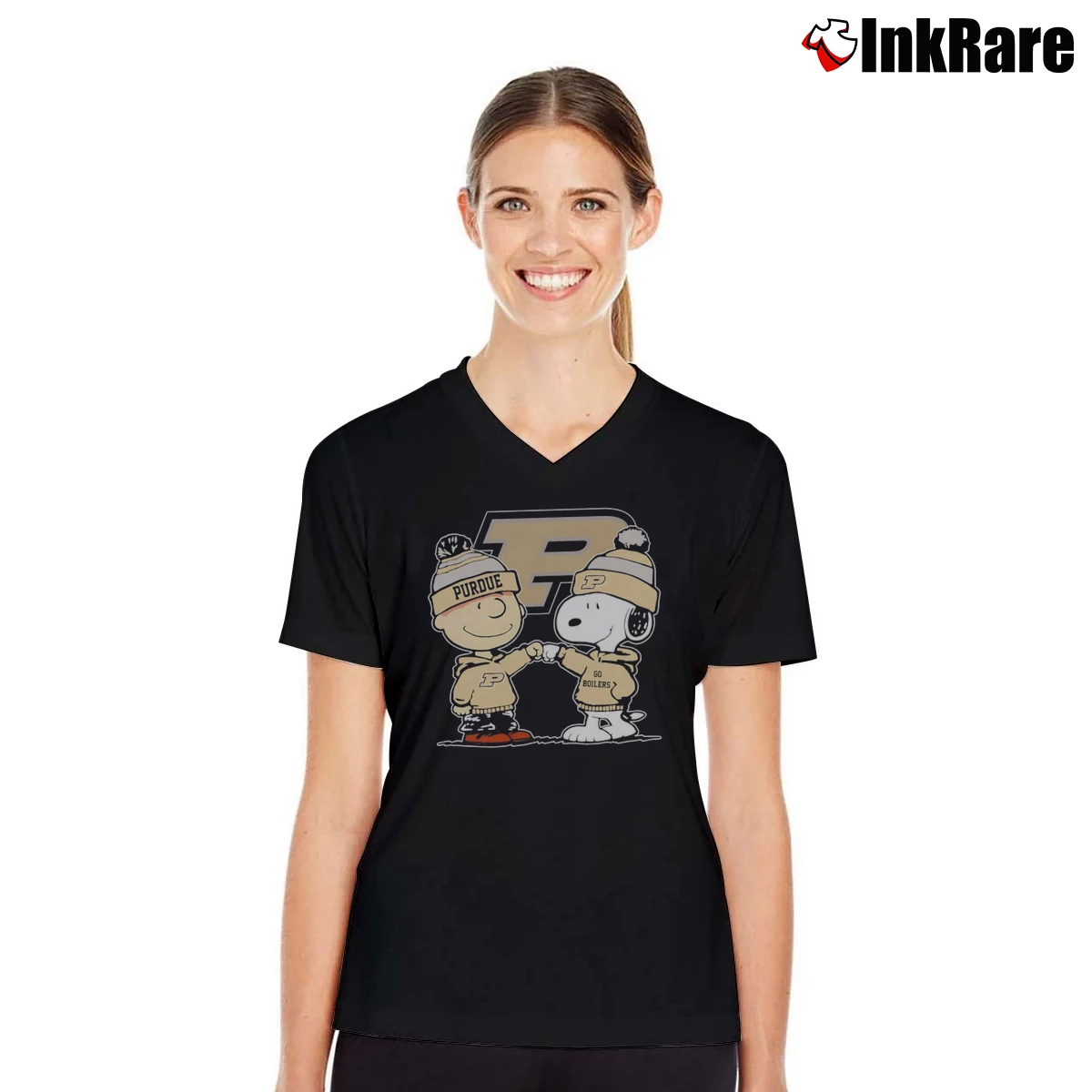 Women’s Snoopy X Charlie Brown Go Boilers Purdue Boilermakers V-Neck Tee in black | Chic Neckline, Soft Texture