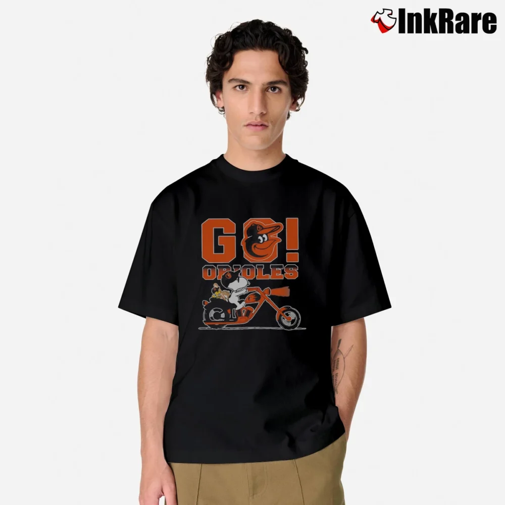 Men’s Snoopy X Woodstock Driving Motorcycle Let's Go Baltimore Orioles Classic T-Shirt in black | Soft, Breathable Everyday Wear