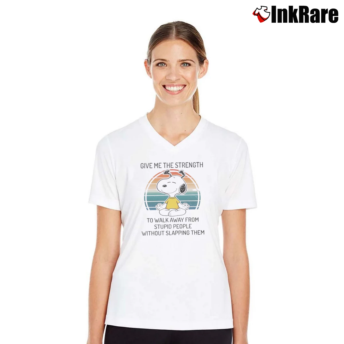 Snoopy Yoga Give Me The Strength To Walk Away Women’s V-Neck Tee in white – Flattering Fit Women’s Snoopy Yoga Give Me The Strength To Walk Away V-Neck Tee in white | Chic Neckline, Soft Texture