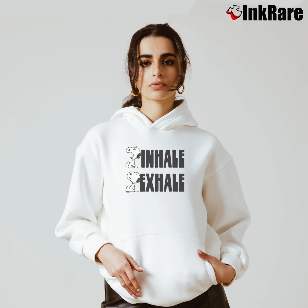 Snoopy Yoga Inhale Exhale Women’s Cozy Hoodie in white – Urban Chic Women’s Snoopy Yoga Inhale Exhale Cozy Hoodie in white | Warm, Structured, Stylish